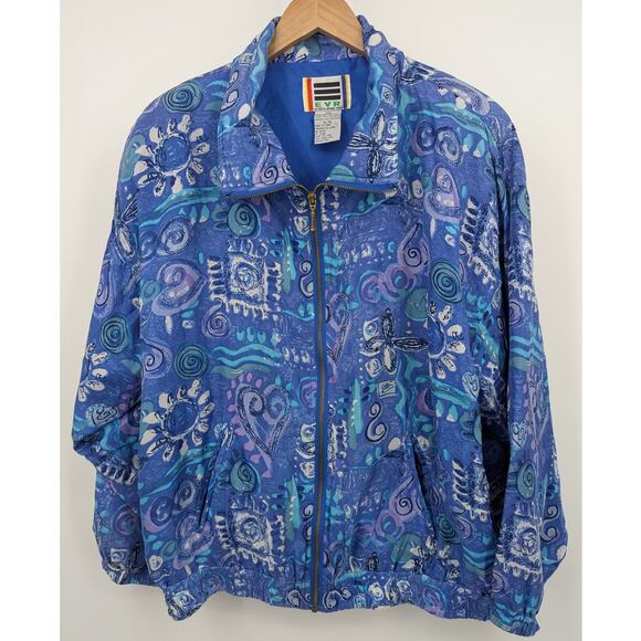 EVR 100% Silk Jacket XL Blue Abstract Pattern Windbreaker Style 90s 80s Retro - Picture 1 of 4